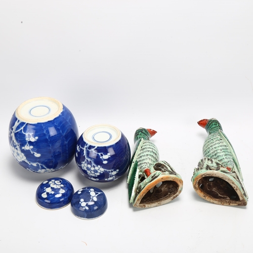 107 - A pair of Chinese porcelain parrots, height 21cm, and 2 similar Chinese blue and white porcelain gin... 