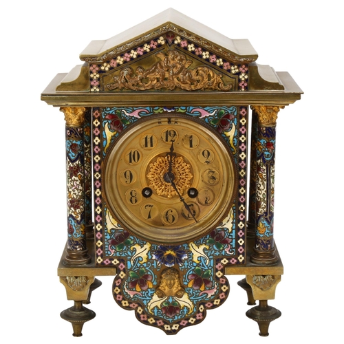 11 - 19th century brass and champleve enamel cased architectural mantel clock, the case flanked by 4 enam... 