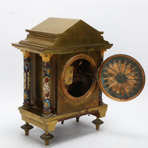 11 - 19th century brass and champleve enamel cased architectural mantel clock, the case flanked by 4 enam... 