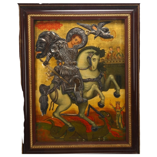 110 - A Greek 18th century icon depicting St George and the Dragon, hand painted and gilded panel with app... 