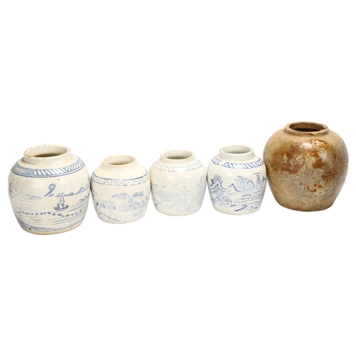 120 - 4 various Korean blue and white jars and a mottle glaze stoneware jar, largest height 13cm (5)