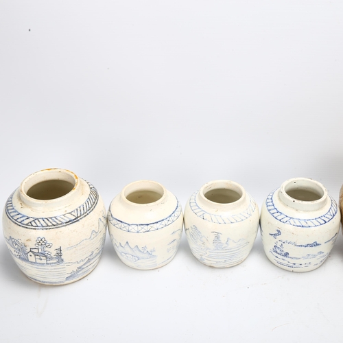 120 - 4 various Korean blue and white jars and a mottle glaze stoneware jar, largest height 13cm (5)