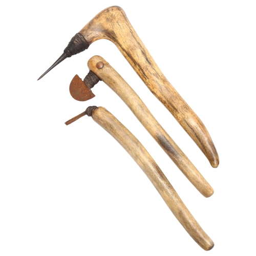 125 - 3 Ethnic tattooing tools, Inuit or North American, with bone handles, largest 19cm