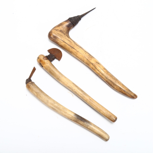 125 - 3 Ethnic tattooing tools, Inuit or North American, with bone handles, largest 19cm