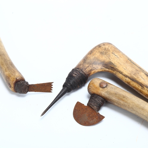 125 - 3 Ethnic tattooing tools, Inuit or North American, with bone handles, largest 19cm