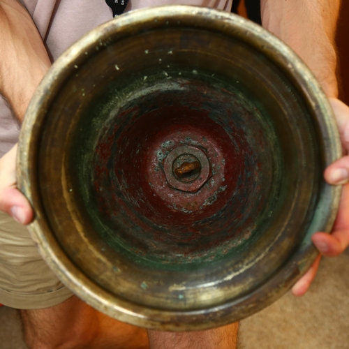 128 - A heavy gauge bronze bell, probably late 19th or early 20th century, height 33cm, diameter 30cm, on ... 