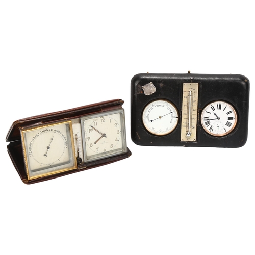 132 - A Victorian travelling combination clock/barometer/thermometer, in leather-covered case, length 19.5... 