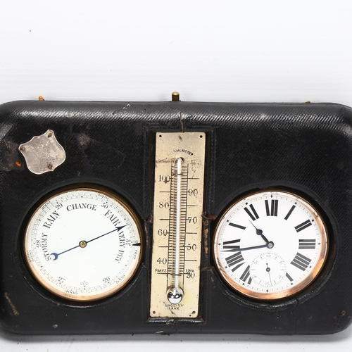 132 - A Victorian travelling combination clock/barometer/thermometer, in leather-covered case, length 19.5... 