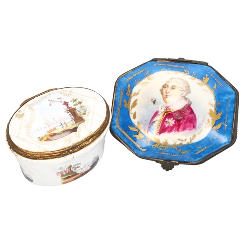 137 - 2 19th Century French hand painted porcelain trinket boxes a/f, longest 9.4cm