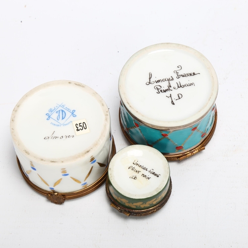 139 - 3 Limoges porcelain trinket boxes, all with makers marks to base, largest diameter 5.5cm