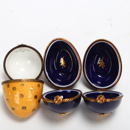 141 - 3 Limoges porcelain egg shaped trinket boxes, all with makers marks, longest approx 6.5cm