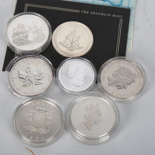 155 - 7 silver proof commemorative coins in capsules, including 2 1oz coins, £5 coin, Crown and $25 Jamaic... 