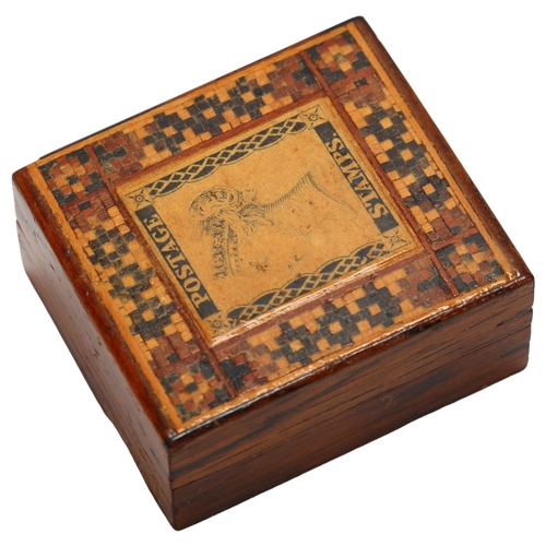 16 - A Victorian Tunbridgeware stamp box, Victoria head stamp and tessarae top, 3.5 x 3.8cm