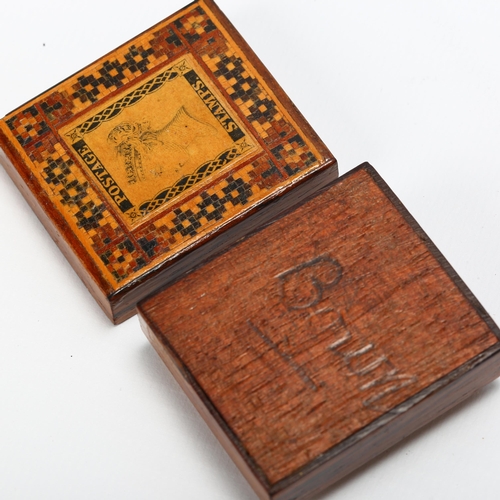 16 - A Victorian Tunbridgeware stamp box, Victoria head stamp and tessarae top, 3.5 x 3.8cm