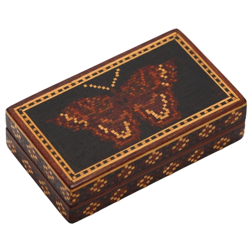 17 - A Victorian Tunbridgeware stamp/pin box, tessarae decorated top and sides, top depicting a butterfly... 