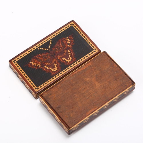 17 - A Victorian Tunbridgeware stamp/pin box, tessarae decorated top and sides, top depicting a butterfly... 