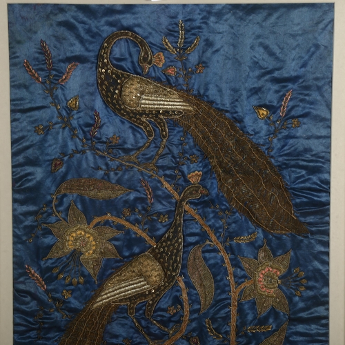 178 - Late 19th century Indian silver braid embroidered picture, depicting peacocks and roses with palace ... 