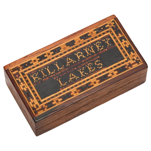 18 - A Victorian Tunbridgeware stamp/pin box, lid with Killarney Lakes and Tessarea banding, 6.3 x 3.3cm