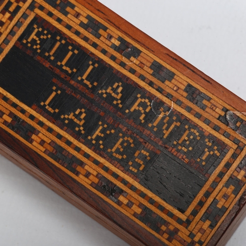 18 - A Victorian Tunbridgeware stamp/pin box, lid with Killarney Lakes and Tessarea banding, 6.3 x 3.3cm