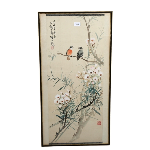 180 - A Chinese watercolour depicting 2 birds in a blossom tree, signed with seal and text inscription, pa... 