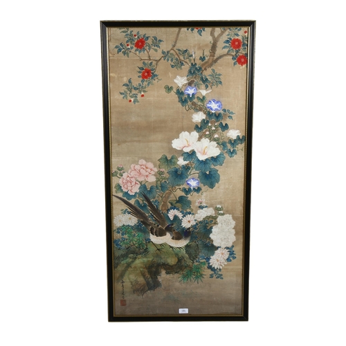 181 - A Chinese watercolour on paper, depicting birds in blossom trees, signed with seal, 117cm x 53cm, fr... 