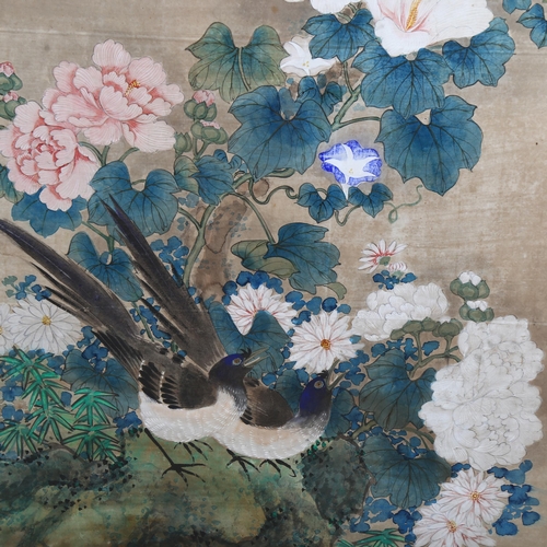 181 - A Chinese watercolour on paper, depicting birds in blossom trees, signed with seal, 117cm x 53cm, fr... 