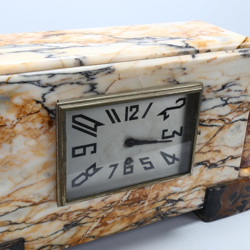 184 - A French Art Deco multi-colour marble-cased mantel clock, with 8-day movement, width 53cm, height 22... 