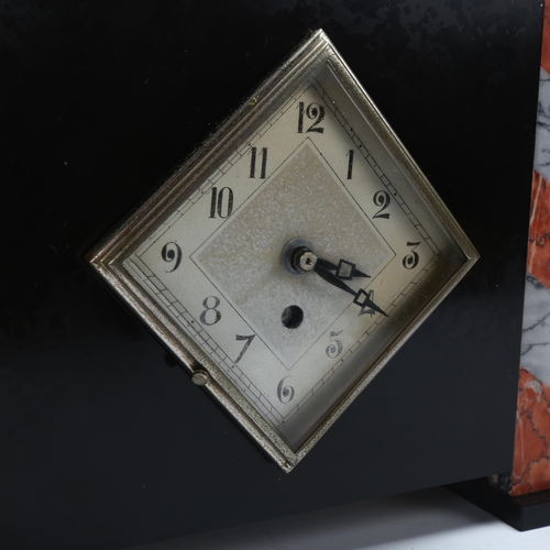 185 - A French Art Deco two-colour marble and slate-cased mantel clock garniture, replacement quartz mecha... 