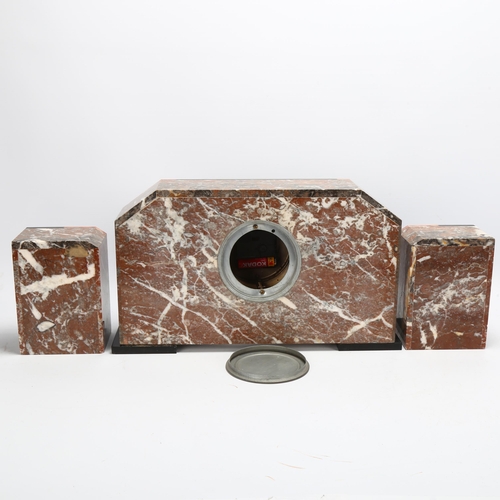 185 - A French Art Deco two-colour marble and slate-cased mantel clock garniture, replacement quartz mecha... 