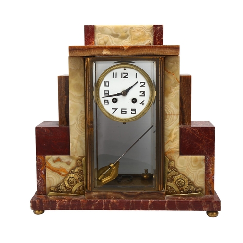 186 - A French Art Deco multi-colour marble-cased mantel clock, with 8-day striking movement, case height ... 