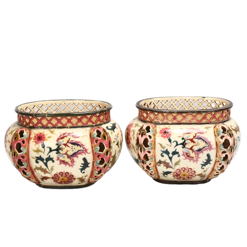 189 - Zsolnay Pecs, pair of oval pottery jardinieres, with pierced friezes and reticulated corners, patter... 