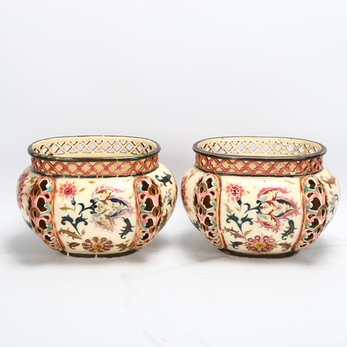 189 - Zsolnay Pecs, pair of oval pottery jardinieres, with pierced friezes and reticulated corners, patter... 