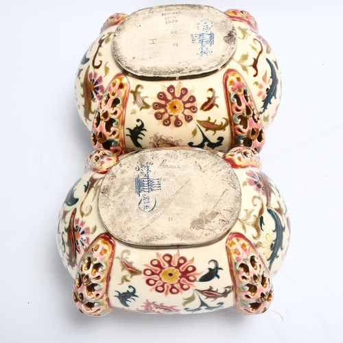 189 - Zsolnay Pecs, pair of oval pottery jardinieres, with pierced friezes and reticulated corners, patter... 