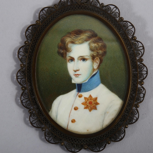 192 - 19th century miniature portrait of a young man,  probably European Royalty, watercolour on ivory, un... 