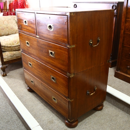 194 - 19th century brass-bound military chest of drawers, in 2 parts with brass carrying handles and bun f... 