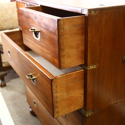 194 - 19th century brass-bound military chest of drawers, in 2 parts with brass carrying handles and bun f... 