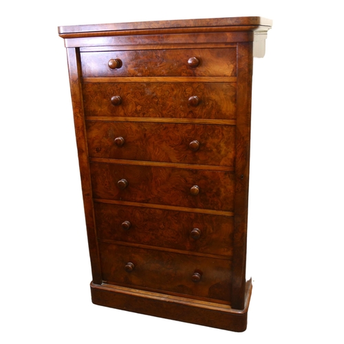 195 - A Victorian burr-walnut Wellington chest of 6 drawers, with turned wood handles, impressed marks for... 