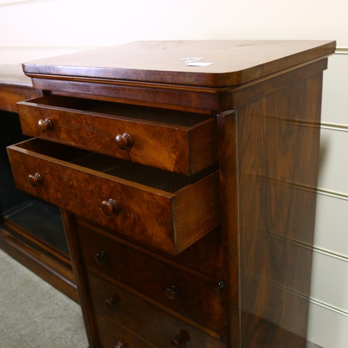 195 - A Victorian burr-walnut Wellington chest of 6 drawers, with turned wood handles, impressed marks for... 