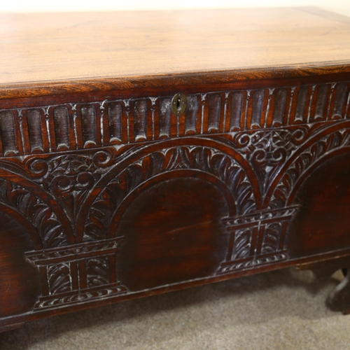 198 - An 18th century carved walnut coffer, width 118cm, depth 52cm, height 68 cm