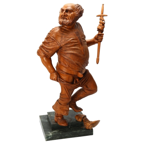 2 - Ian Norbury, superb quality carved wood figure of Falstaff, on stepped green marble base, overall he... 