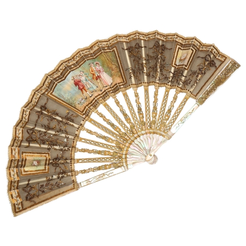 20 - An 18th/19th Century Brisee fan, steel blades embellished with mother of pearl and gilded sticks, pi... 