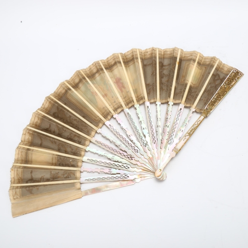 20 - An 18th/19th Century Brisee fan, steel blades embellished with mother of pearl and gilded sticks, pi... 