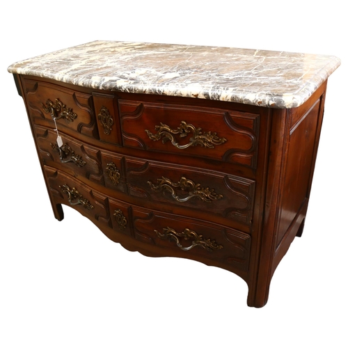 200 - A Continental serpentine-front walnut commode, with brown/white marble top, 2 small top drawers over... 