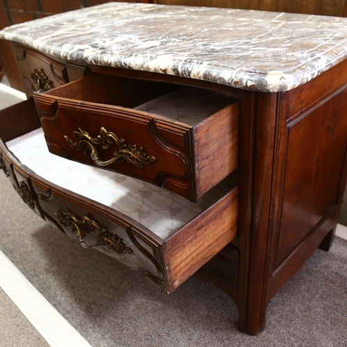 200 - A Continental serpentine-front walnut commode, with brown/white marble top, 2 small top drawers over... 