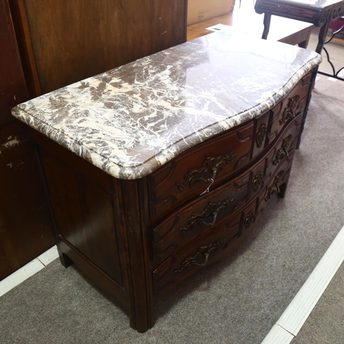 200 - A Continental serpentine-front walnut commode, with brown/white marble top, 2 small top drawers over... 