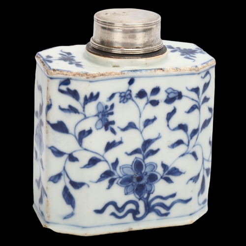 205 - An 18th century Chinese porcelain tea caddy, with painted decoration and unmarked white metal top, h... 