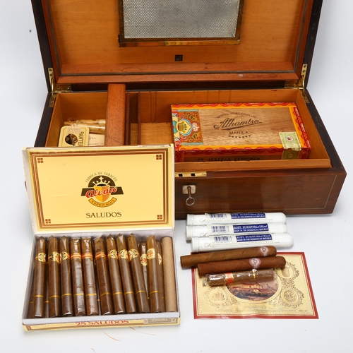 22 - A mid 20th century Dunhill, London humidor, with inlay brass and mother of pearl, contains 21 Alvaro... 