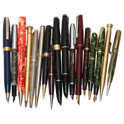 28 - A group of 17 vintage fountain pens, pencil and ballpoint pens, includes Parker, Sheaffer, Watermans... 