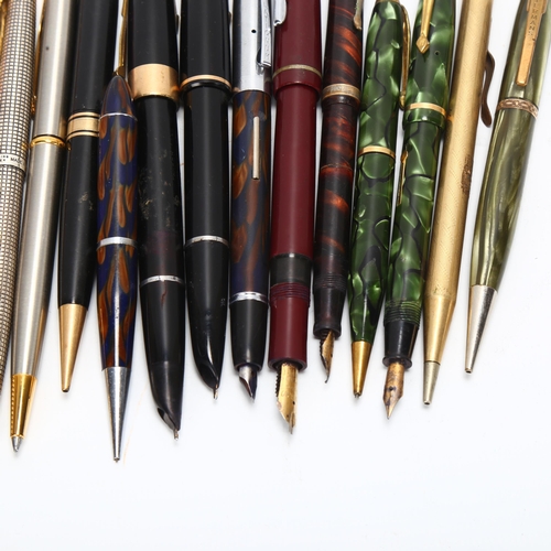 28 - A group of 17 vintage fountain pens, pencil and ballpoint pens, includes Parker, Sheaffer, Watermans... 