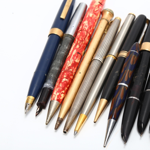 28 - A group of 17 vintage fountain pens, pencil and ballpoint pens, includes Parker, Sheaffer, Watermans... 